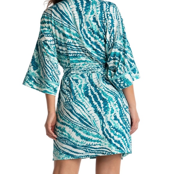 Linea Donatella Amaya 3/4-Sleeve Printed Robe Teal and White Size L/XL - Picture 2 of 8